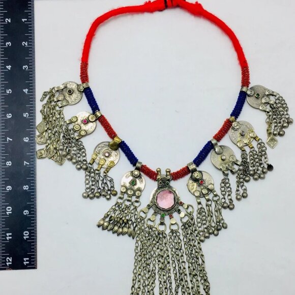 Vintage Dangling Coins and Long Silver Bells Necklace,Blue and Red Beaded - Picture 6 of 8